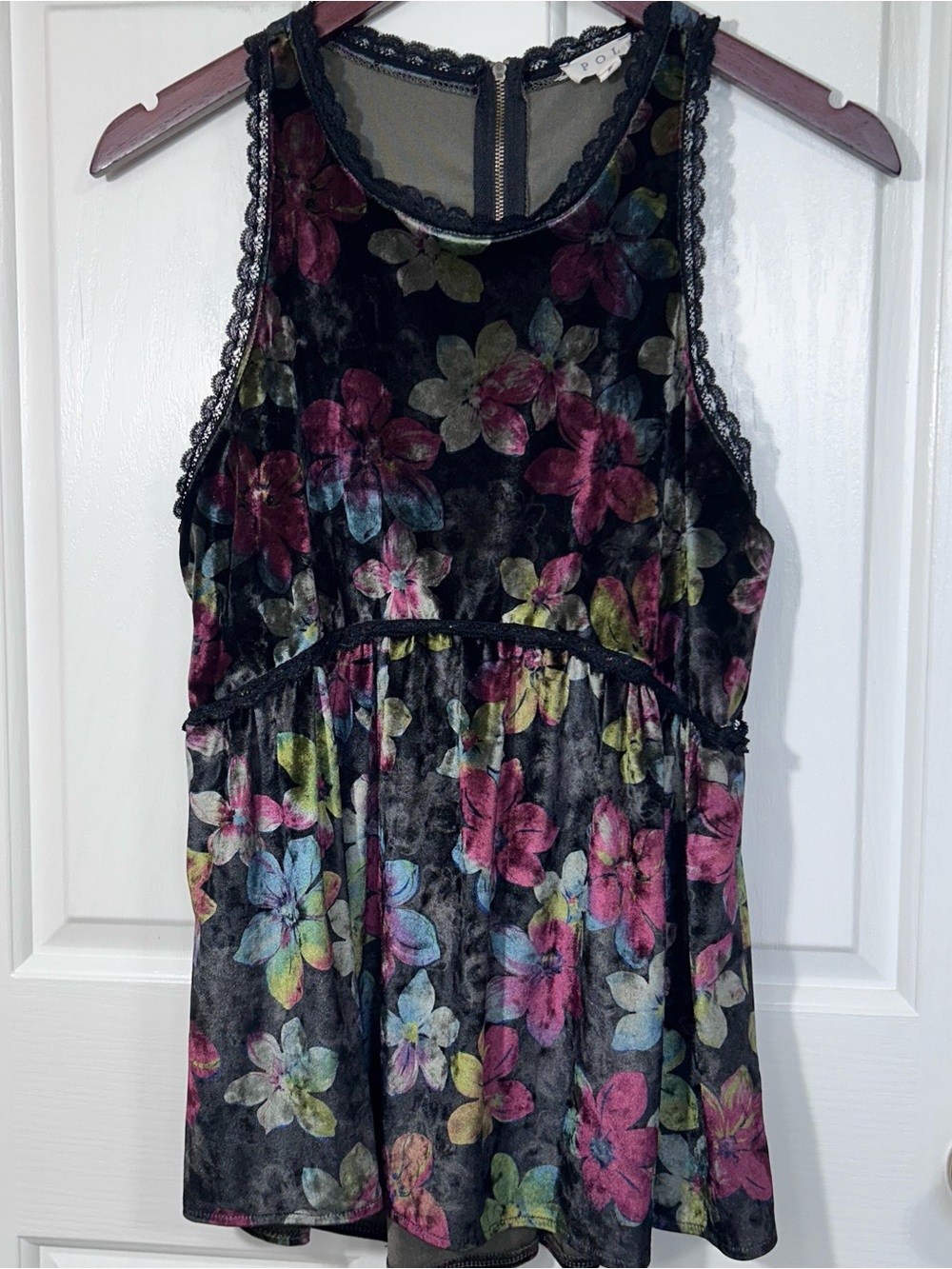 POL Velvet Midnight Bloom Top Small Floral Lace Trim High Neck Sleeveless Blouse